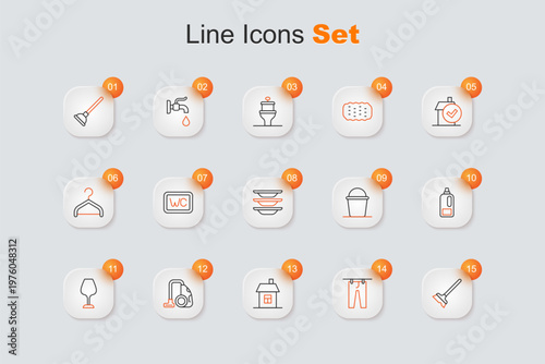 Set line Mop, Drying clothes, House, Vacuum cleaner, Wine glass, Bottle for detergent, Bucket and Washing dishes icon. Vector