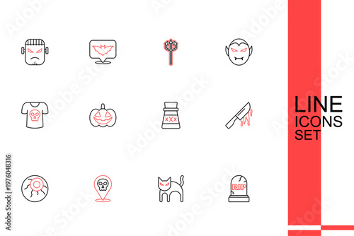 Set line Tombstone with RIP written, Black cat, Skull, Eye, Bloody knife, Bottle potion, Pumpkin and Shirt skull icon. Vector
