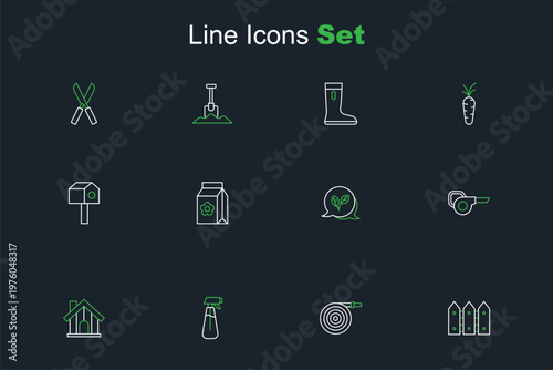 Set line Garden fence wooden, hose, sprayer for water, Farm house, Leaf garden blower, Pack full of seeds and Bird icon. Vector