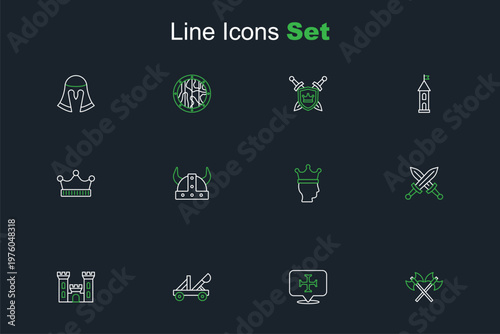 Set line Crossed medieval axes, Crusade, Medieval catapult, Castle, sword, King crown, Viking horned helmet and icon. Vector