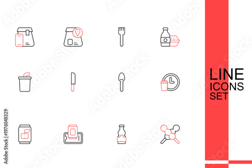 Set line Meatballs on wooden stick, Sauce bottle, Food ordering mobile, Soda can, Round the clock delivery, Spoon, Knife and Paper glass with water icon. Vector