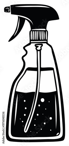 Black and white graphic of a spray bottle with liquid and bubbles