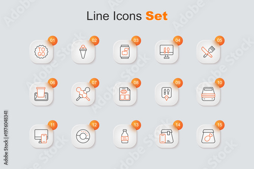 Set line Online ordering meal, food, Bottle of water, Donut, Lunch box, Cafe and restaurant location and Restaurant cafe menu icon. Vector
