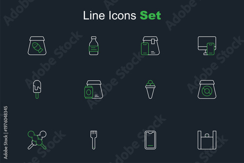 Set line Online ordering food, Food on mobile, Fork, Meatballs wooden stick, Ice cream waffle, and icon. Vector