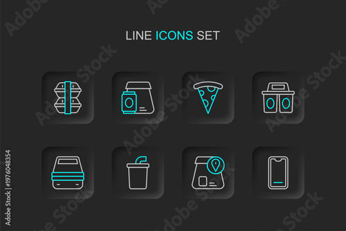 Set line Food ordering on mobile, Online food, Paper glass with water, Lunch box, Coffee cup to go, Slice pizza, and icon. Vector