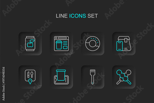 Set line Meatballs on wooden stick, Fork, Food ordering mobile, Cafe and restaurant location, Online food, Donut, and Soda can icon. Vector