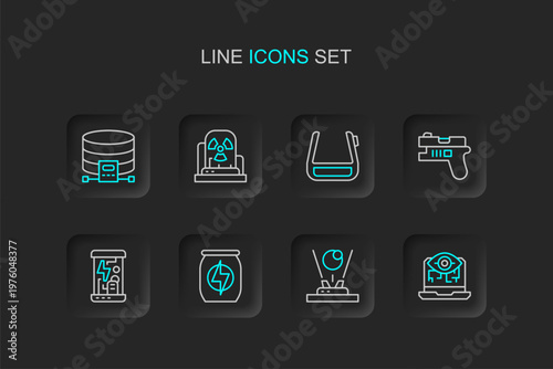Set line Computer vision, Hologram, Energy drink, Cryogenic capsules, Futuristic weapon, Smart glasses spectacles, Radioactive warning lamp and Cloud database icon. Vector