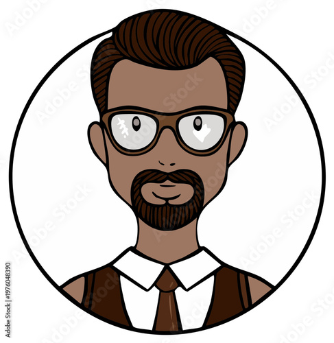 Cartoon illustration of a businessman wearing glasses and a tie in a circle