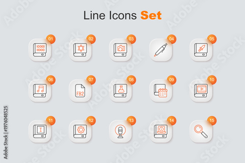 Set line Magnifying glass, User manual, Microphone, Book, about cinema, Daily paper notepad and Chemistry book icon. Vector