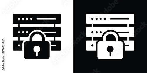 High-quality vector icon featuring a server rack with a large padlock. Ideal for cybersecurity, data protection, private hosting, and encrypted server concepts.