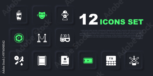 Set Cinema auditorium with screen, No alcohol, Rope barrier, Online play video, Camera shutter, Play, Comedy theatrical mask and Scenario icon. Vector