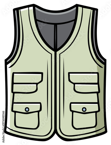 Cartoon illustration of a green utility vest for outdoor adventure and fishing