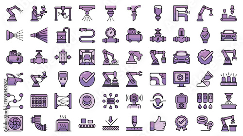 Industrial Robotics and Automation Icons in Purple Gradient Style. A collection of linear icons including manufacturing, robotic arm, AI, medical, agricultural, service, cobot, parts