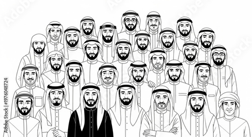 Group of Arab men in traditional attire, looking at the camera.