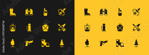 Set Medieval bow and arrow, Pistol or gun, Canteen water bottle, Hunter boots, Thermos container, Lighter, Waterproof rubber and Binoculars icon. Vector