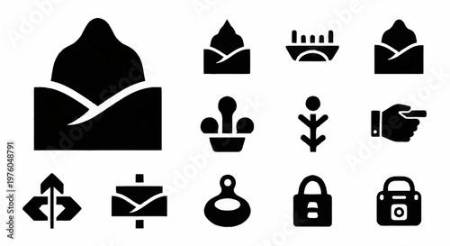 Black icons of security and protection.