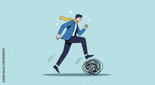 Businessman overcoming obstacle problem solving challenge success progress determination.