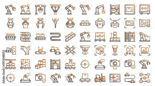 Industrial Robotics and Logistics Icon Set in Gradient Line Style. A collection of automation linear icons including robotic arm, conveyor belt, packaging, warehouse, forklift, and more. Vector art.