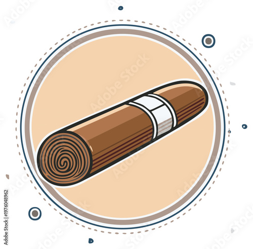 Illustration of a rolled brown carpet inside a circle with dotted decoration, carpet roll with white straps for rugs or floor coverings