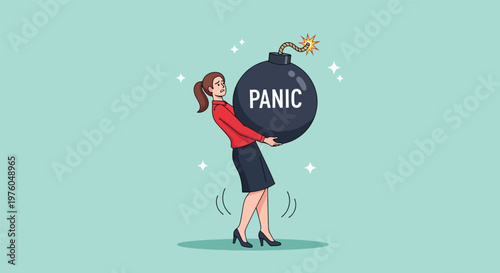 Businesswoman struggling with a large bomb labeled PANIC representing stress and anxiety in the workplace.