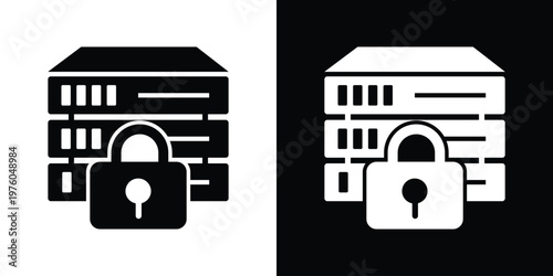 High-quality vector icon featuring a server rack with a large padlock. Ideal for cybersecurity, data protection, private hosting, and encrypted server concepts.