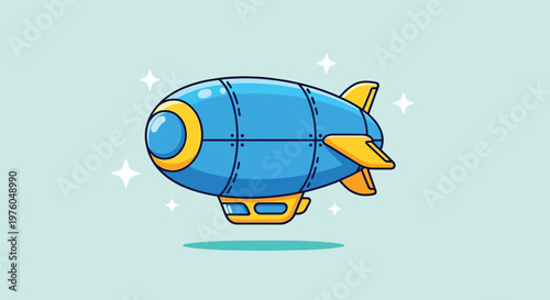 Cartoon Blue Blimp Airship Flying with Sparkles.