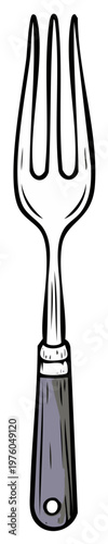 Hand Drawn Illustration of a Classic Metal Four Pronged Fork with a Gray Handle