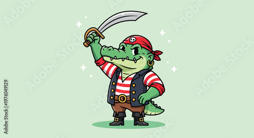 Cute Alligator Pirate Holding a Sword Cartoon Vector Illustration.