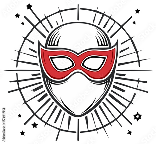 Superhero mask emblem, red and white with burst and stars.