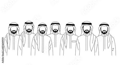 Group of Arab men in traditional attire, looking forward.