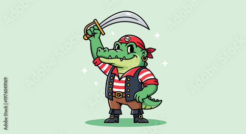 Cute Alligator Pirate with Sword Cartoon Illustration.
