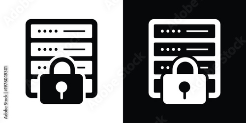 High-quality vector icon featuring a server rack with a large padlock. Ideal for cybersecurity, data protection, private hosting, and encrypted server concepts.
