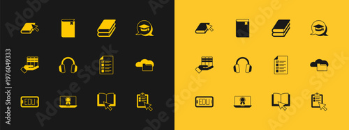 Set Graduation cap in speech bubble, Online education with diploma, quiz, test, survey, book, Headphones, Book, and icon. Vector