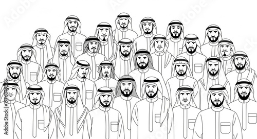 Group of Arab men in traditional attire, looking at the camera.