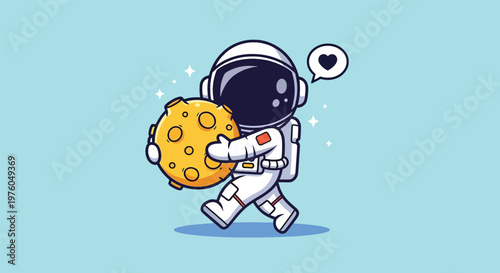 Cute Astronaut Carrying Moon in Space Cartoon Vector Icon Illustration.