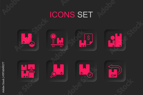 Set Search package, Scale with cardboard box, Carton, Return, Waybill and Warehouse boxes icon. Vector