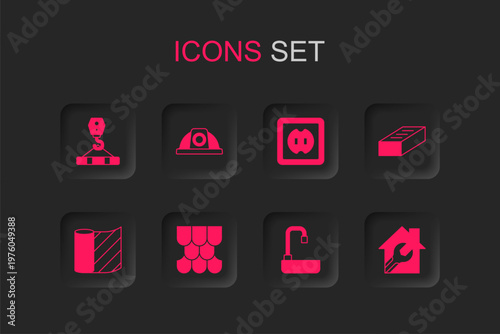 Set Roof tile, Worker safety helmet, Crane hook, Washbasin, Brick, House with wrench spanner, Electrical outlet and Wallpaper icon. Vector