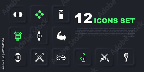 Set Fencing, Tennis racket, Smart watch with heart, Golf bag clubs, Stopwatch, Crossed baseball bat, Dumbbell and Football shoes icon. Vector