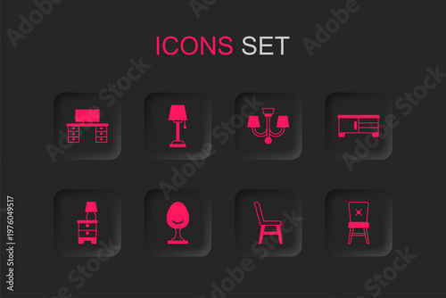Set Armchair, Floor lamp, Office desk, Chair, TV table stand, Chandelier and Furniture nightstand with icon. Vector