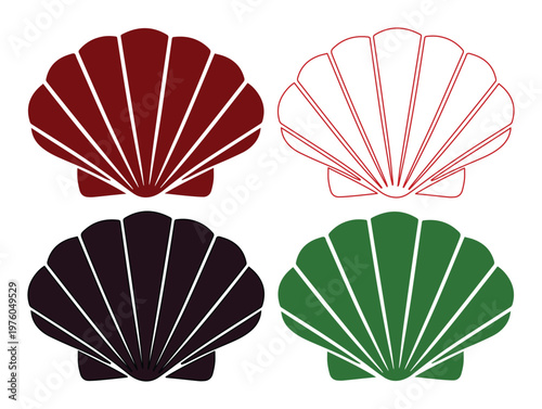 Minimalist seashell vector icons, scallop shell silhouette set, beach and ocean logo elements