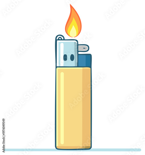 Cartoon style illustration of a burning lighter with yellow and orange flame