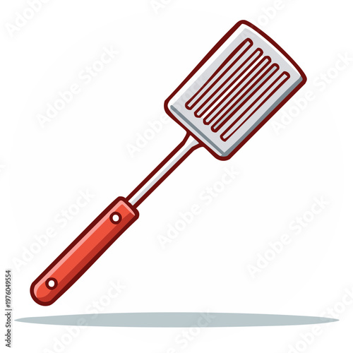 Cartoon style slotted spatula kitchen utensil with red handle vector illustration