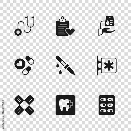 Set Dental clinic location, Emergency - Star of Life, Pills blister pack, Pipette, Blood donation, Stethoscope, Patient record and Medicine pill tablet icon. Vector