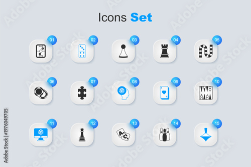 Set Bowling pin, Puzzle pieces toy, Domino, Game dice, Whirligig, Backgammon board, Air hockey table and icon. Vector