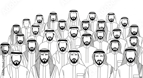 Group of Arab men in traditional attire, looking forward.