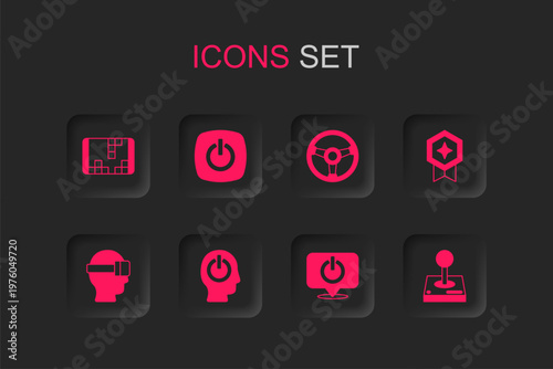 Set Power button, Portable video game console, Game rating with medal, Joystick for arcade machine, Racing simulator and Virtual reality glasses icon. Vector