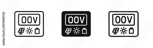 Solar voltage meter icons. Renewable energy battery charge indicator with sun panel and display.