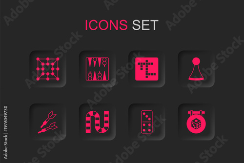 Set Board game, Backgammon board, Domino, Chip for, Game dice, Crossword and Dart arrow icon. Vector