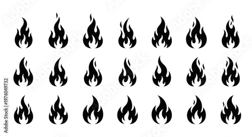 Set of Twenty-One Black Fire and Flame Silhouette Icons Isolated on White Background