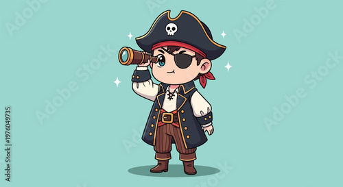 Cute Cartoon Pirate Character Looking Through a Spyglass 1.